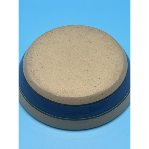 Handmade Stoneware Blue Stripe Rimmed Pet Dog Bowl Farmhouse Pottery Planter 5” - Picture 3 of 7